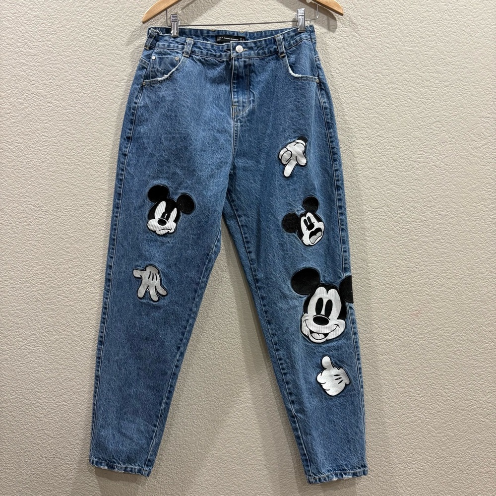 ZARA Trafaluc Mickey Mouse Patch Jeans Women 10 High Rise Mom Cartoon Denim